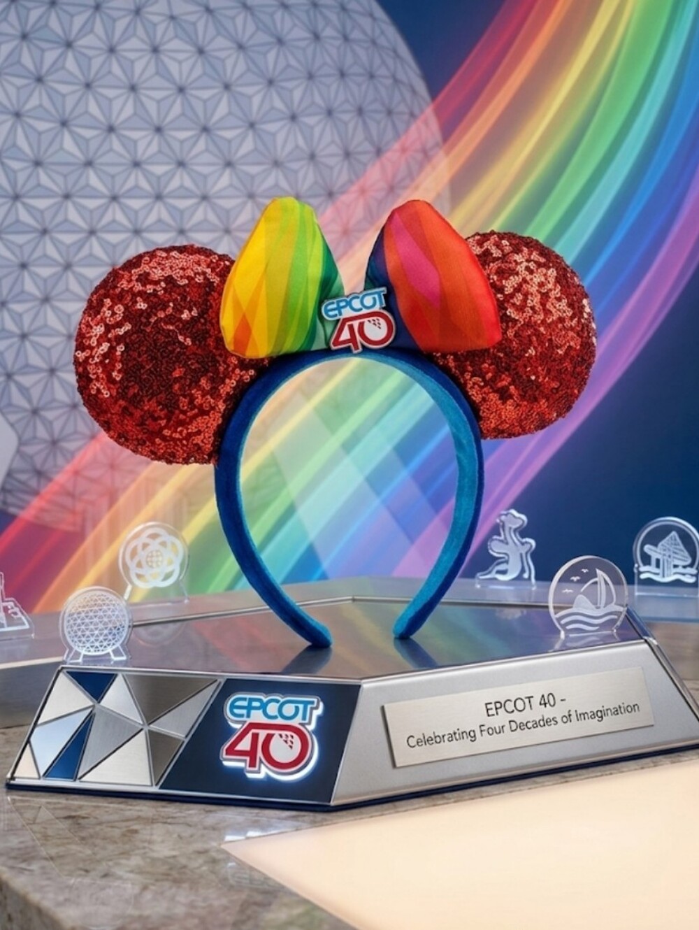 Disney Parks EPCOT 40th Anniversary Minnie Ears Headband Red Sequin Rainbow Bow